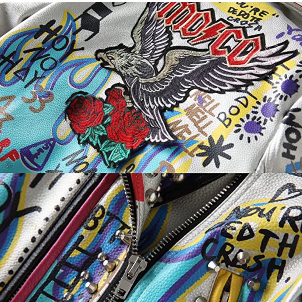 ❌SOLD❌ NWT Graffiti Punk, Rock & Roll Multi Color Graphic Spike & Rivet Moto,XL - Picture 4 of 16